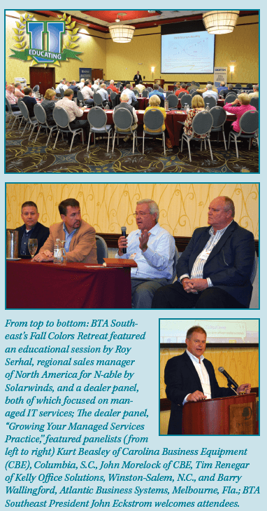 Collage of information about the BTA Fall Colors Retreat, featuring Carolina Business Equipment
